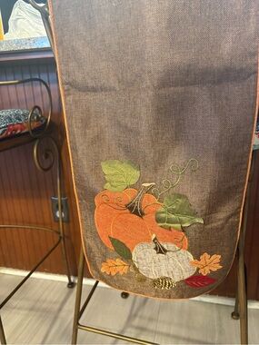 Source Unknown Brown Table Runner with Orange & White Pumpkins